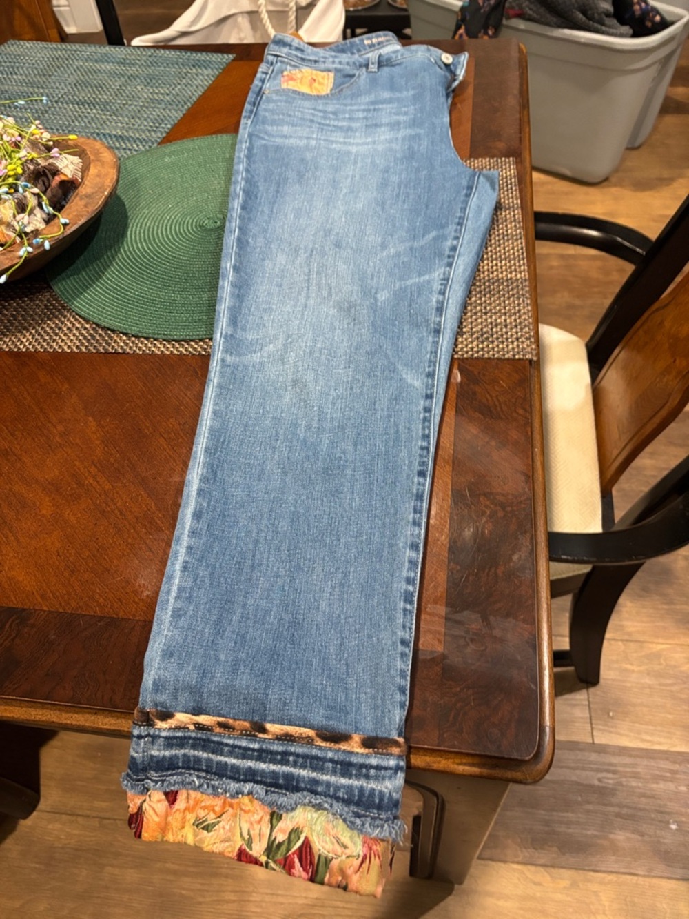 Chico's Medium Blue Cropped Jeans with Floral & Leopard Cuff